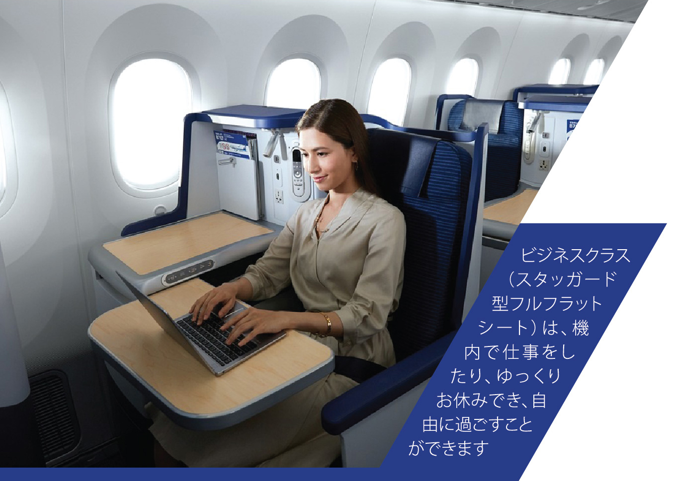ビジネスクラス（スタッガード型フルフラットシート）は、機内で仕事をしたり、ゆっくりお休みでき、自由に過ごすことができます