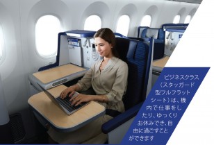 ビジネスクラス（スタッガード型フルフラットシート）は、機内で仕事をしたり、ゆっくりお休みでき、自由に過ごすことができます